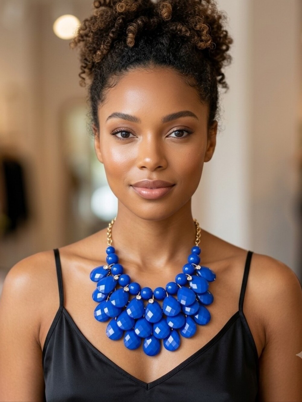 Vibrant Royal Blue Teardrop Cluster Statement Necklace | Gold Chain Accent